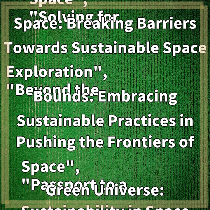 Unveiling the Sustainability Frontier: Exploring Sustainable Research in Space”,
“Solving for Space: Breaking Barriers Towards Sustainable Space Exploration”,
“Beyond the Bounds: Embracing Sustainable Practices in Pushing the Frontiers of Space”,
“Passport to a Green Universe: Sustainability in Space Exploration”,
“EcoAstro: Unleashing Potentials for Sustainable Research in Space